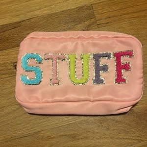 Peach multi-colored “STUFF” patch zip cosmetic travel case Stoney Clover style